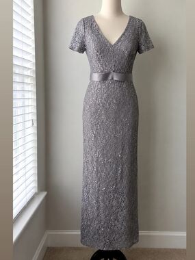 Calvin Klein Silver Lace V-Neck Maxi Dress